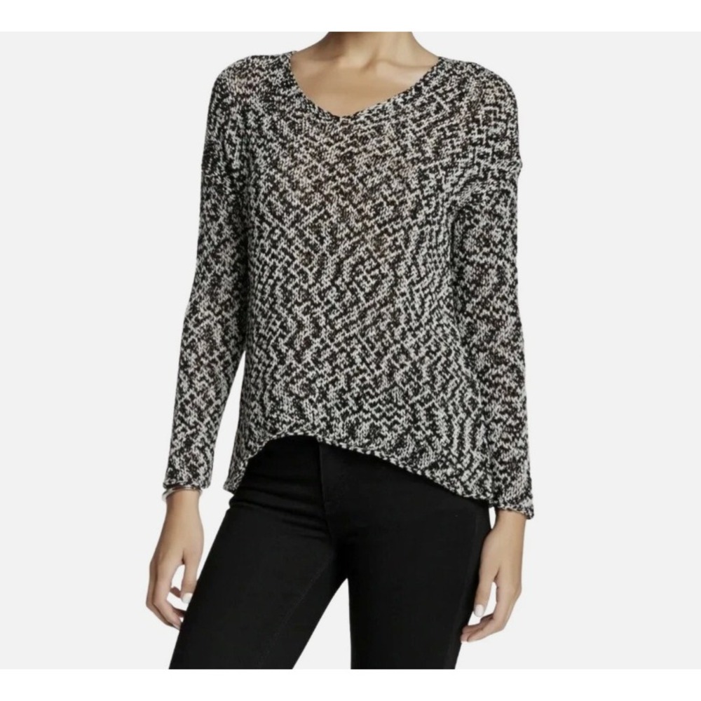 Eileen Fisher V-Neck Space Dye Sweater Women's PM Black White Cotton Blend